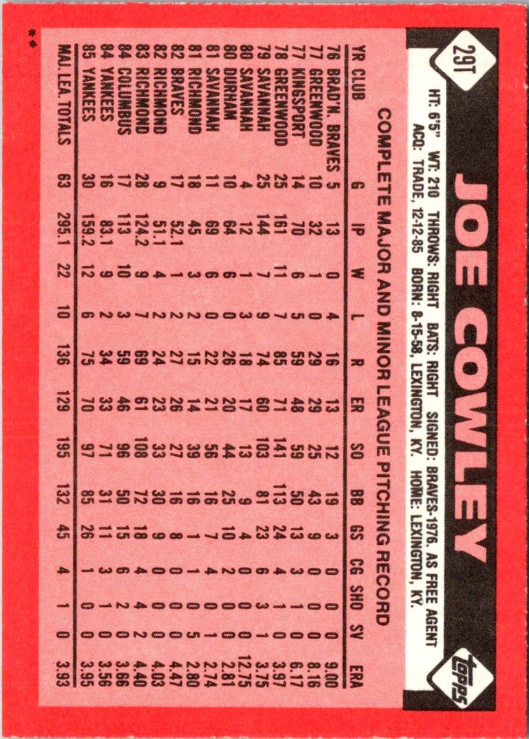 1986 Topps Traded Joe Cowley