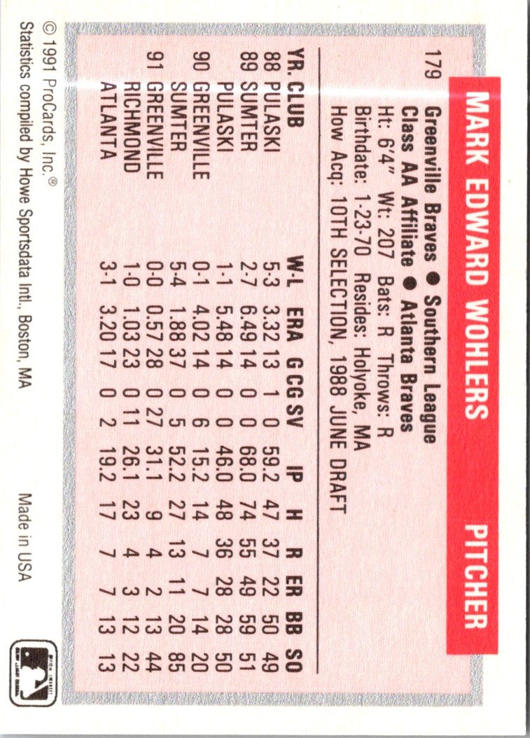 1991 ProCards Tomorrow's Heroes Mark Wohlers