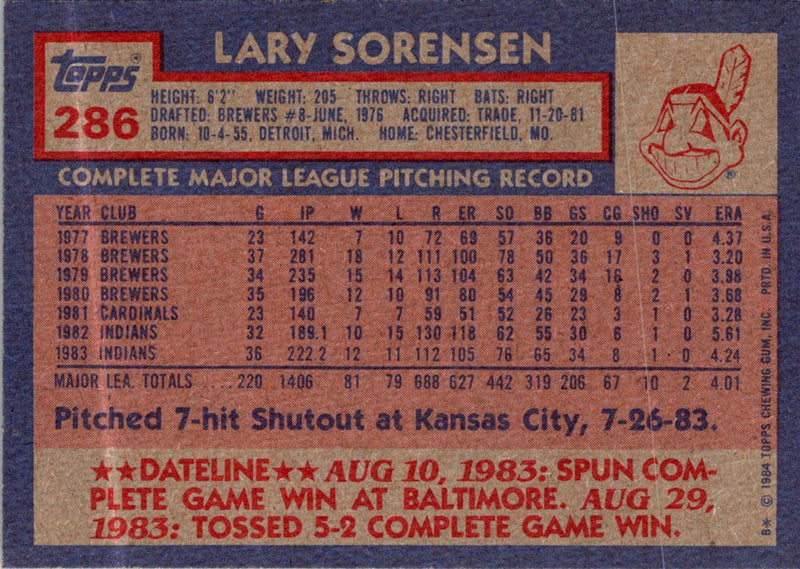 1984 Topps Lary Sorensen