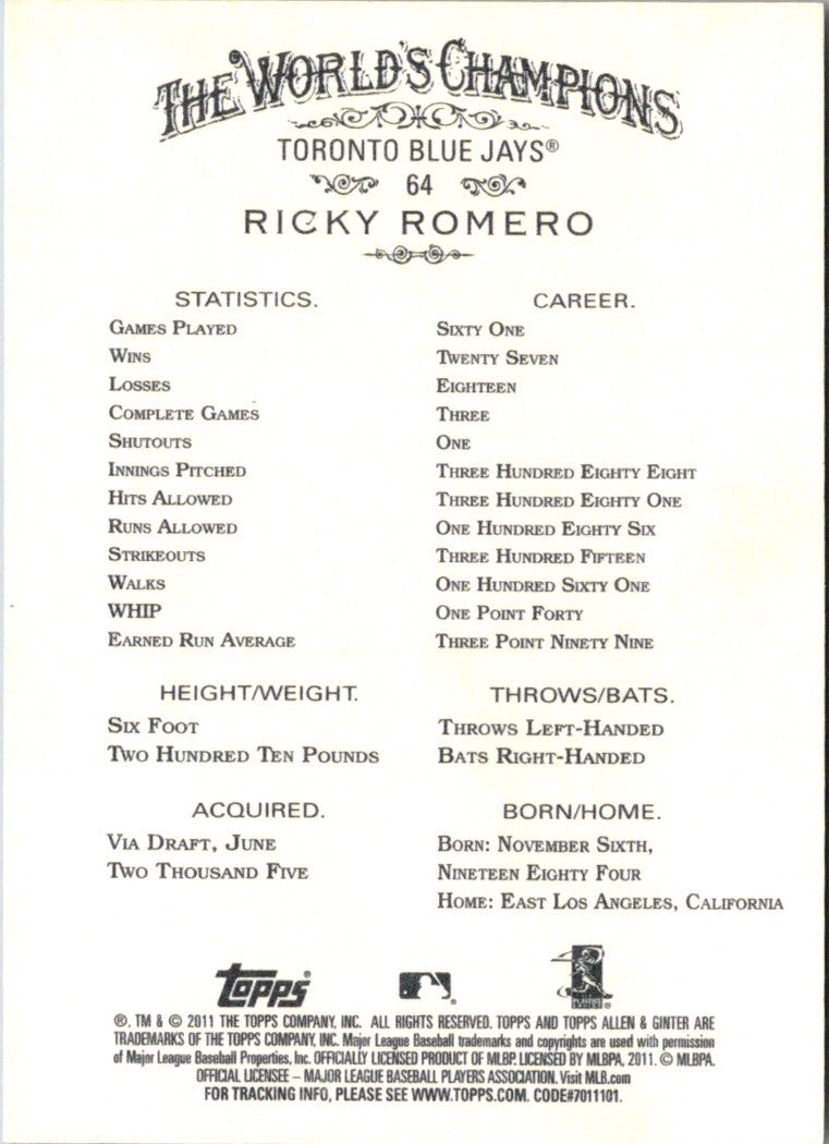 2011 Topps Allen Ginter Ricky Romero