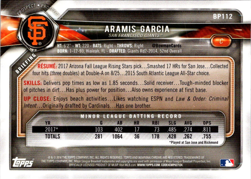 2018 Bowman Prospects Aramis Garcia
