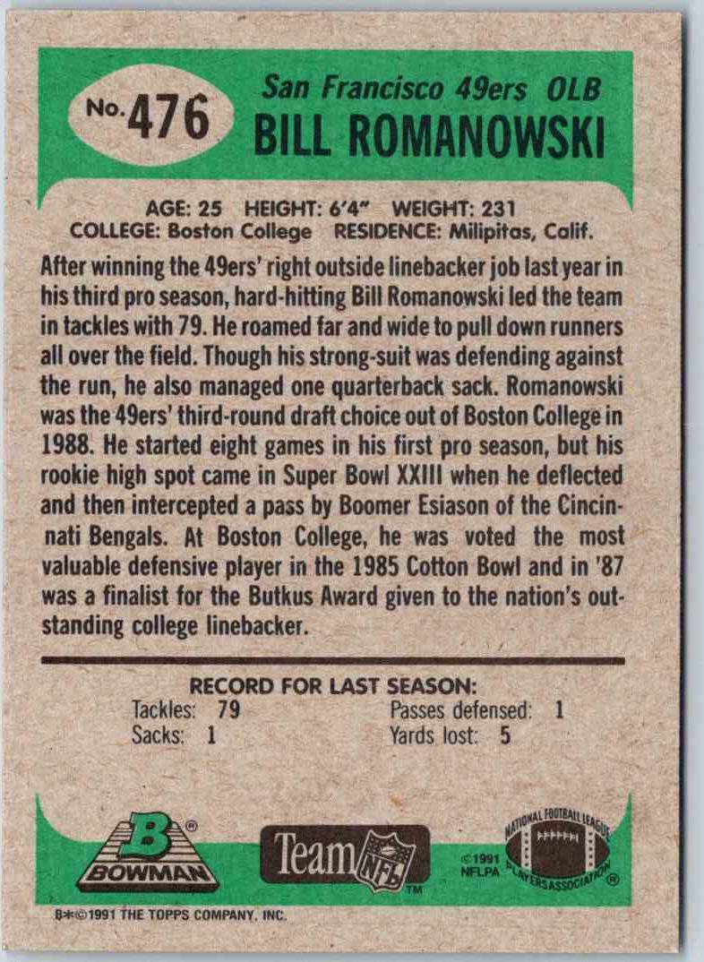 1991 Bowman Football Bill Romanowski