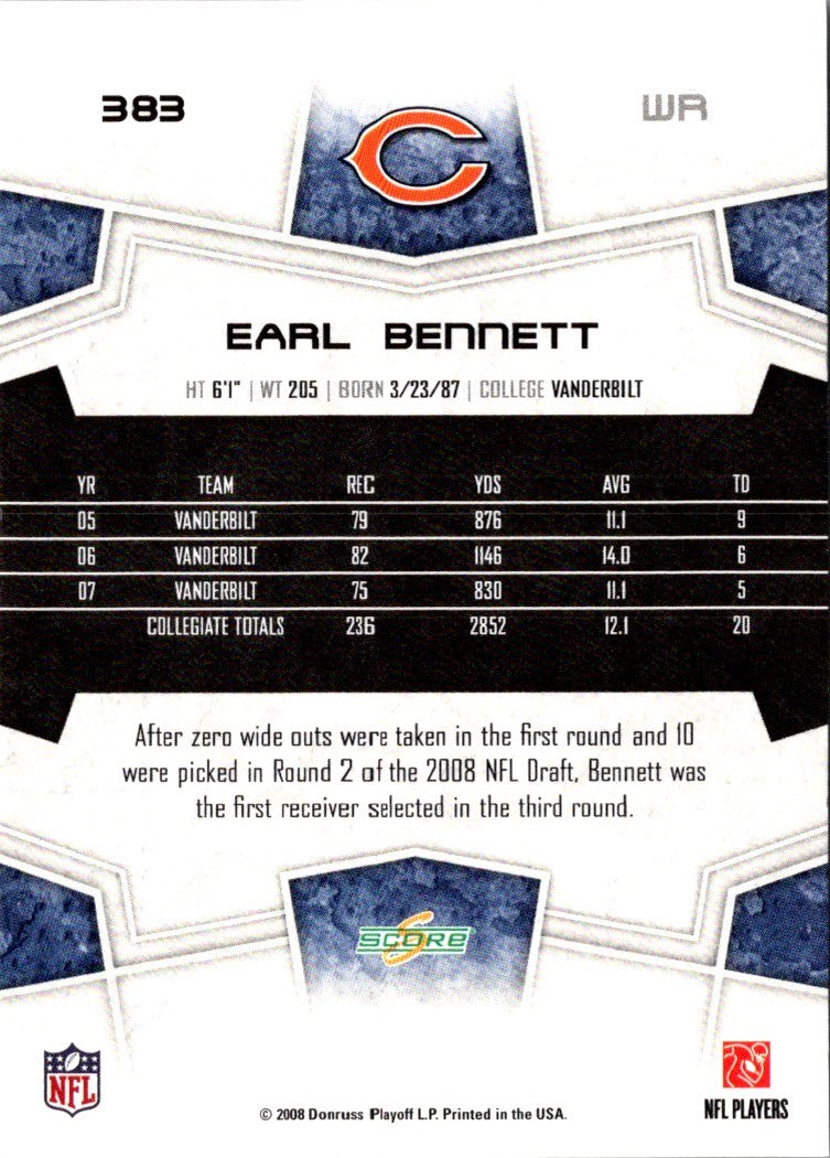 2008 Score Super Bowl XLIII Earl Bennett