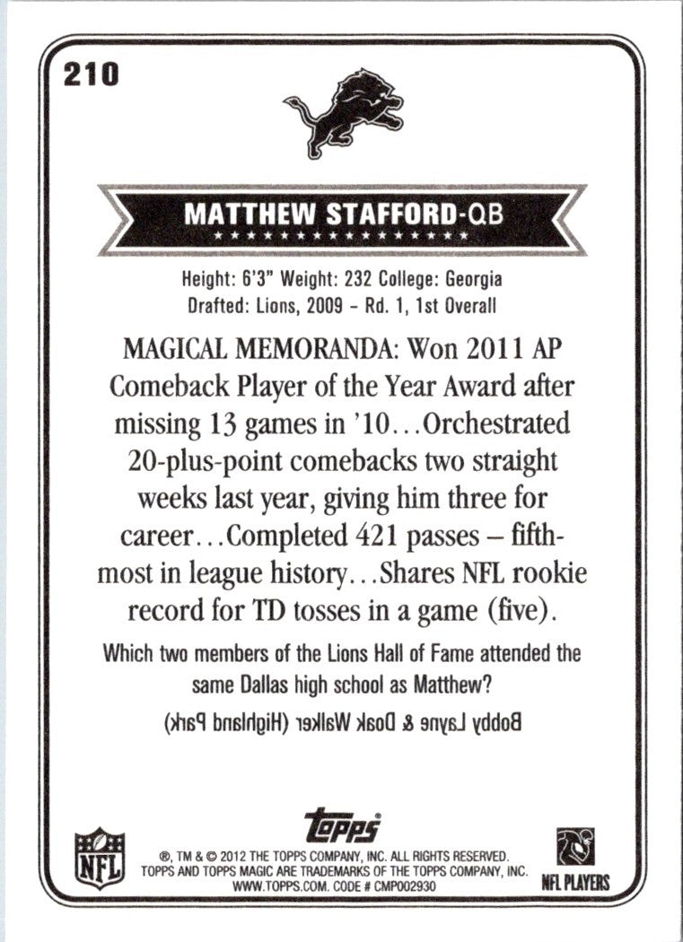 2012 Topps Magic Matthew Stafford