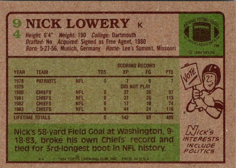 1983 Topps Nick Lowery