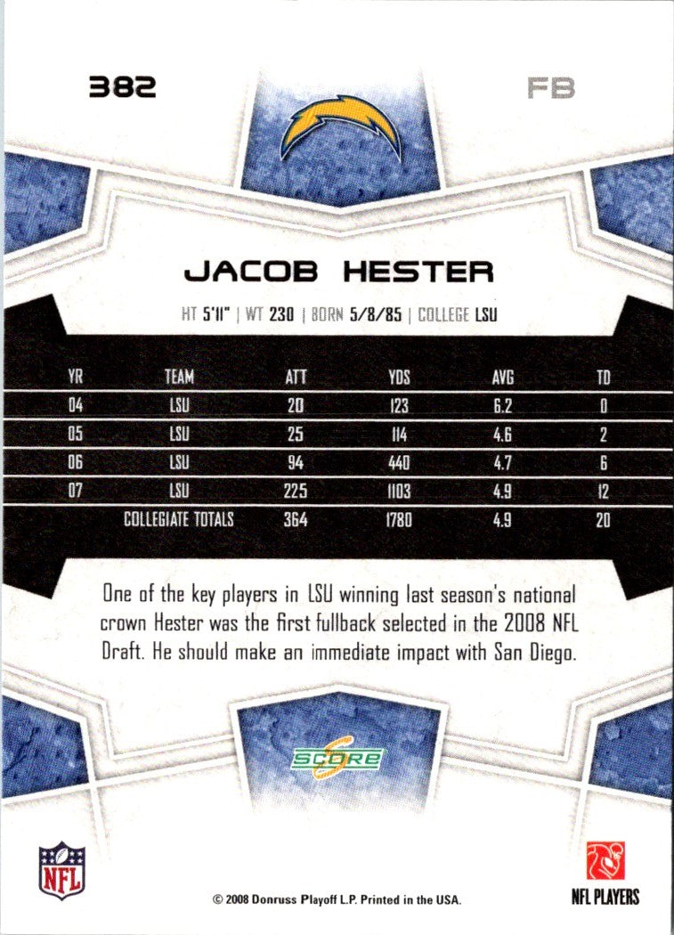 2008 Score Super Bowl XLIII Jacob Hester