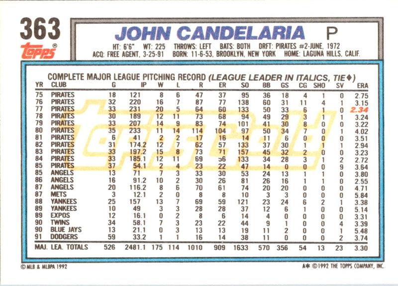 1992 Topps Gold Winners John Candelaria