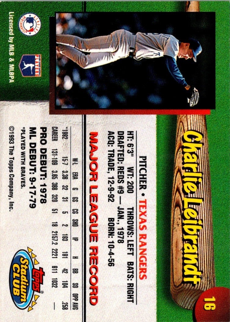 1993 Stadium Club Texas Rangers Charlie Leibrandt