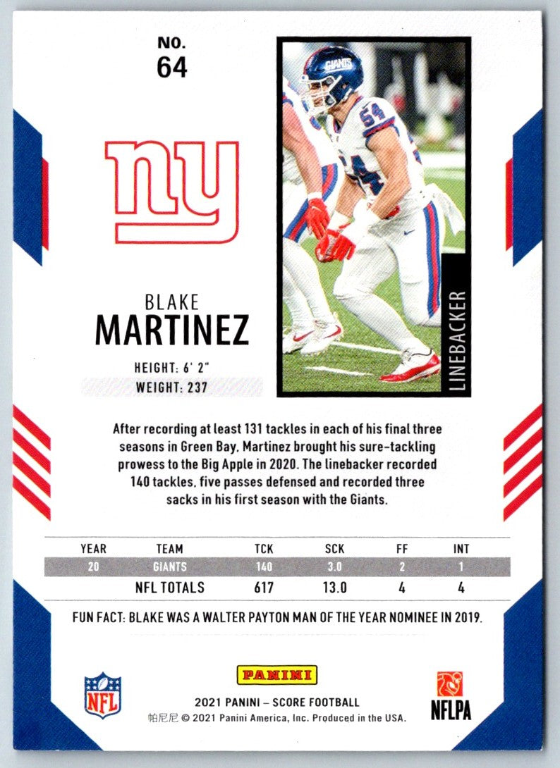 2021 Score Scorecard Blake Martinez