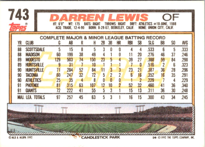 1992 Topps Darren Lewis