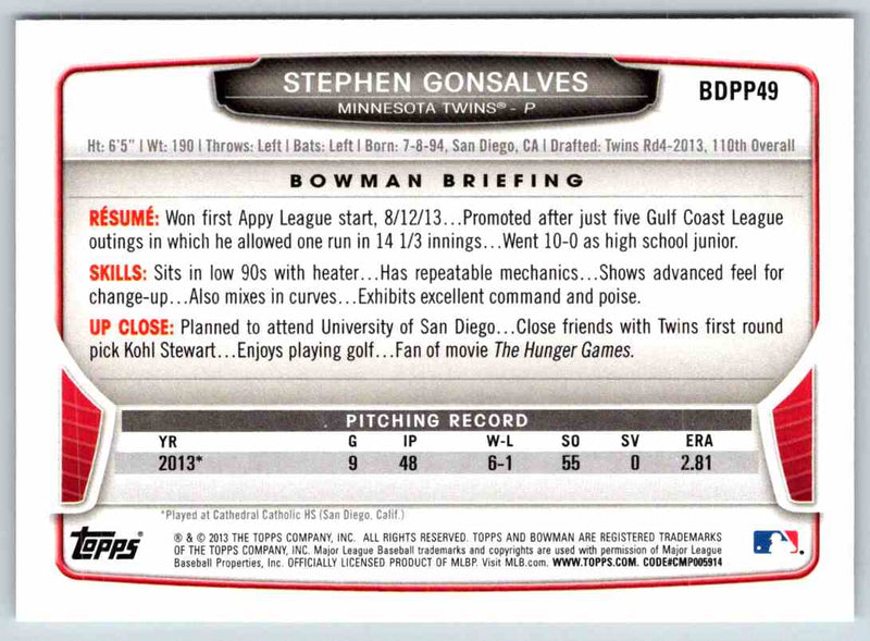 2013 Bowman Stephen Gonsalves