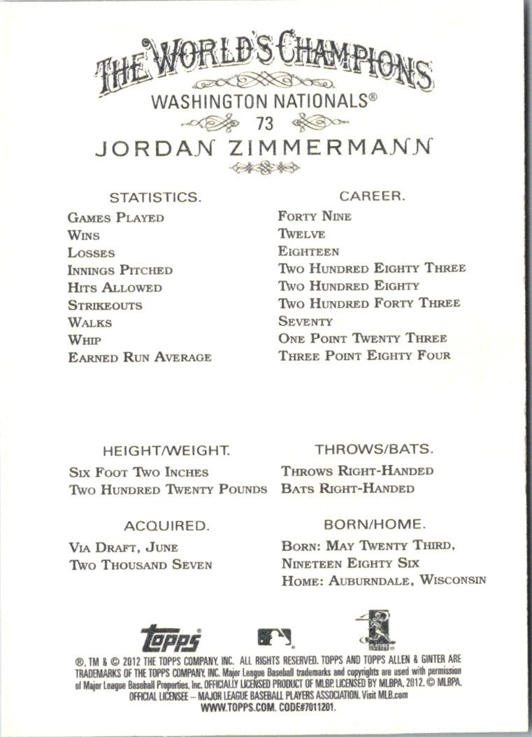 2012 Topps Allen & Ginter Jordan Zimmermann