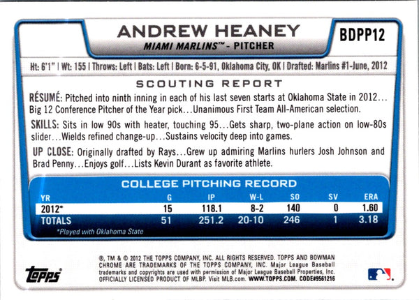 2012 Bowman Draft Picks & Prospects Chrome Andrew Heaney #BDPP12