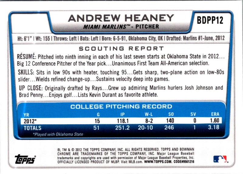 2012 Bowman Draft Picks & Prospects Chrome Andrew Heaney