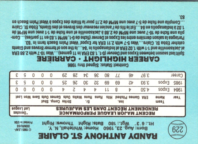 1986 Leaf Randy St. Claire