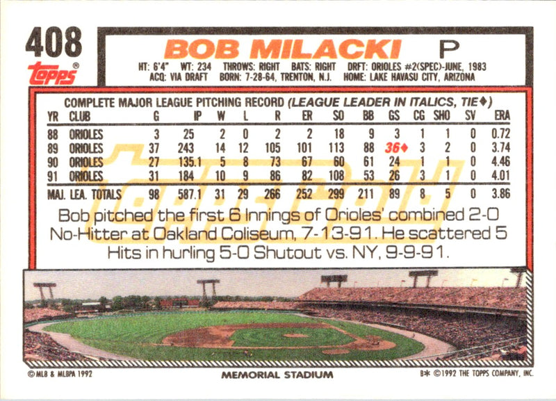 1992 Topps Bob Milacki