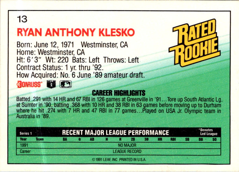 1992 Donruss Ryan Klesko