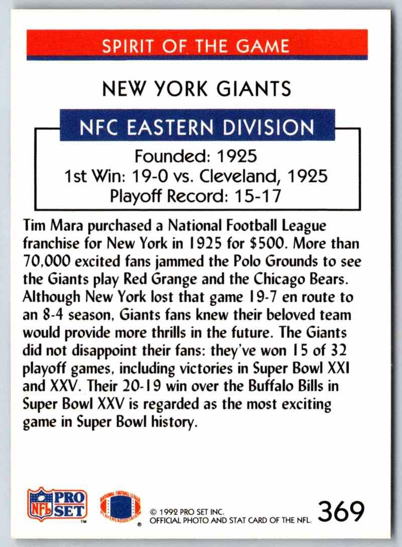 1992 Proset New York Giants