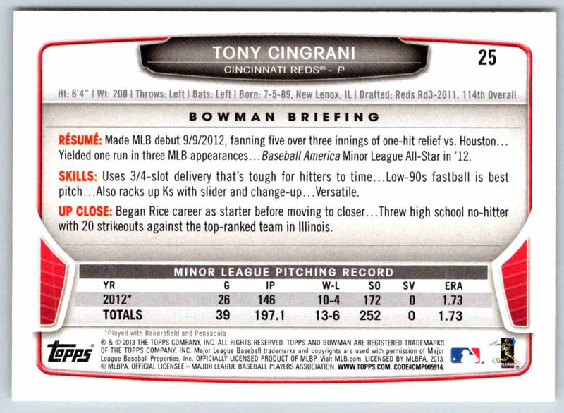 2013 Bowman Tony Cingrani