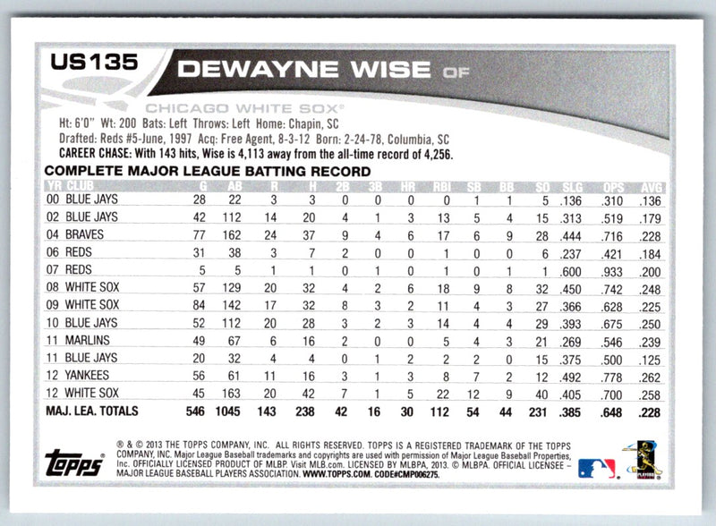 2013 Topps Update Dewayne Wise