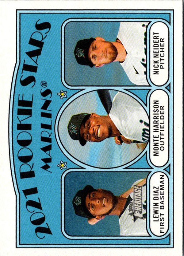 2021 Topps Heritage 2021 Rookie Stars - Marlins - Lewin Diaz/Monte Harrison/Nick Neidert RC #209