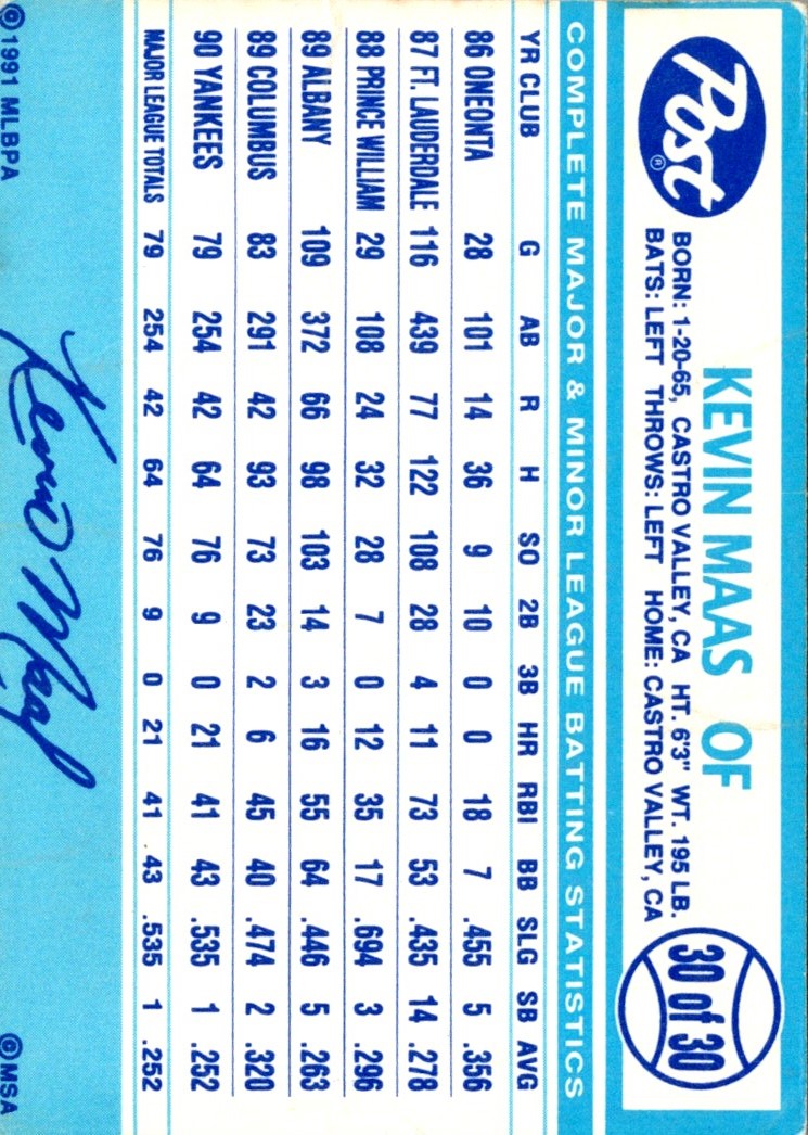 1991 Post Cereal Kevin Maas