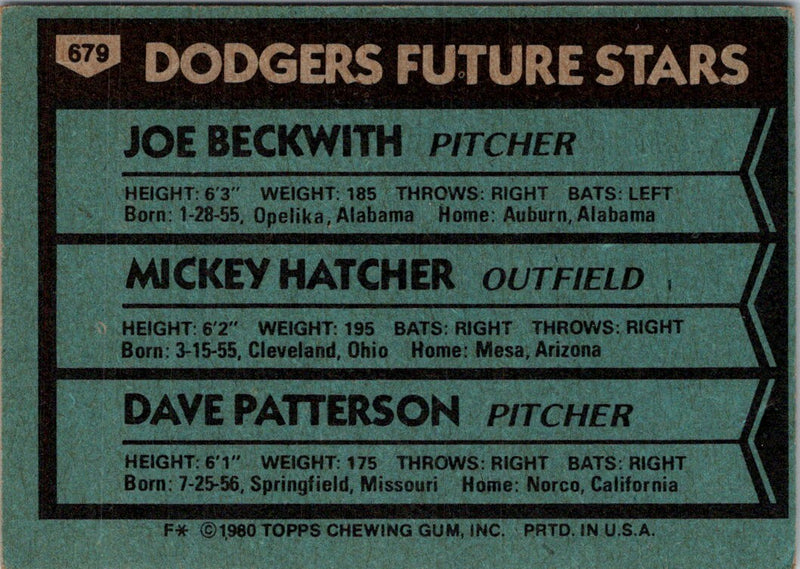 1980 Topps Dodgers Future Stars - Joe Beckwith/Mickey Hatcher/Dave Patterson