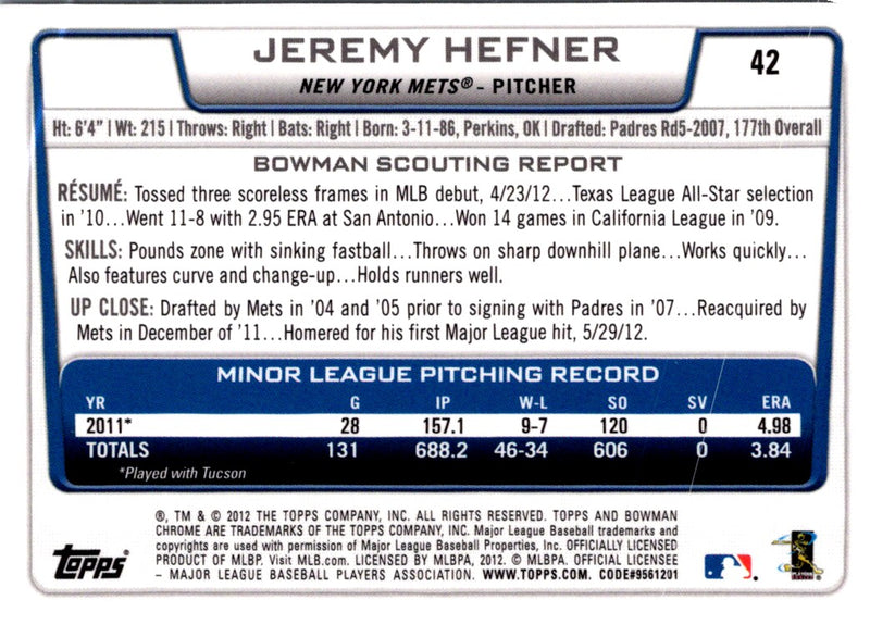 2012 Bowman Draft Picks & Prospects Chrome Jeremy Hefner