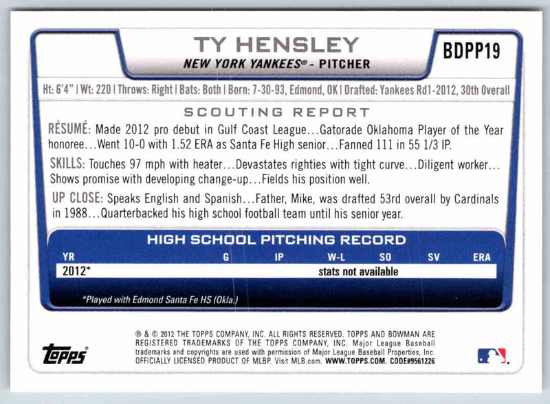 2012 Bowman Ty Hensley