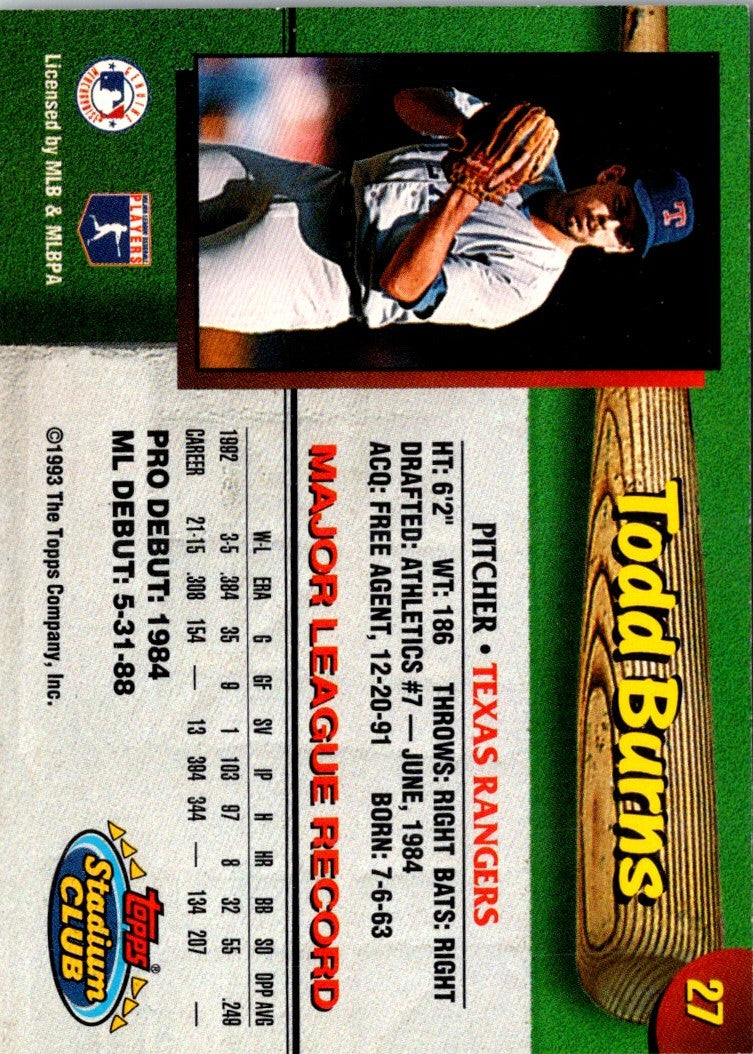 1993 Stadium Club Texas Rangers Todd Burns