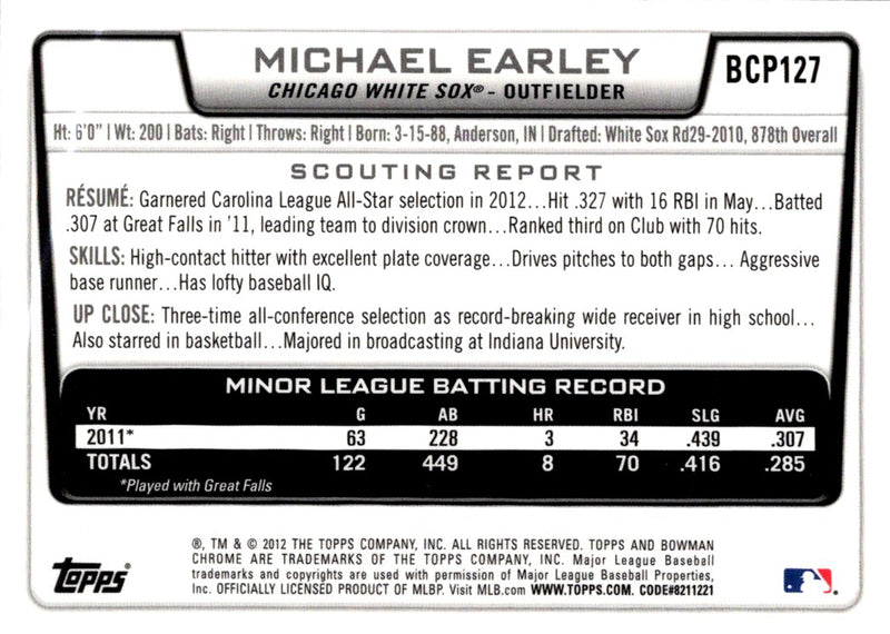 2012 Bowman Chrome Prospects Michael Earley