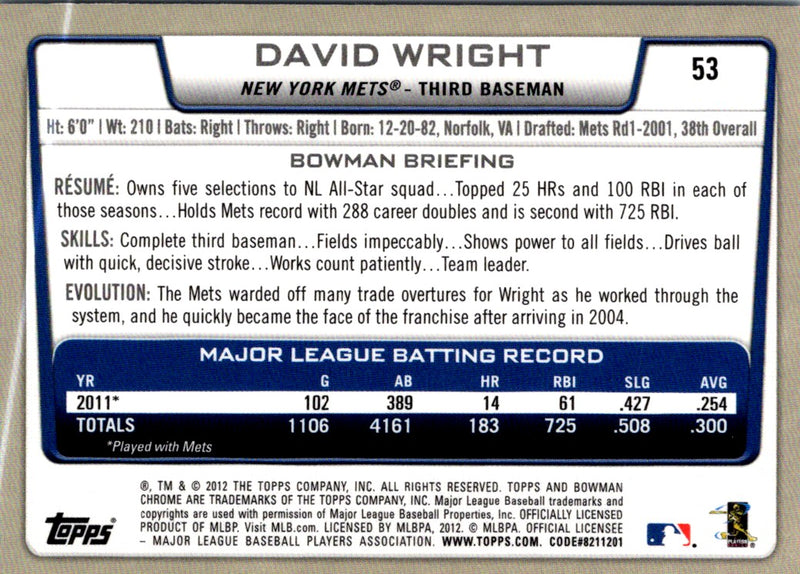 2012 Bowman Chrome David Wright