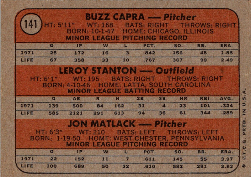 1972 Topps Mets Rookies - Buzz Capra/Leroy Stanton/Jon Matlack