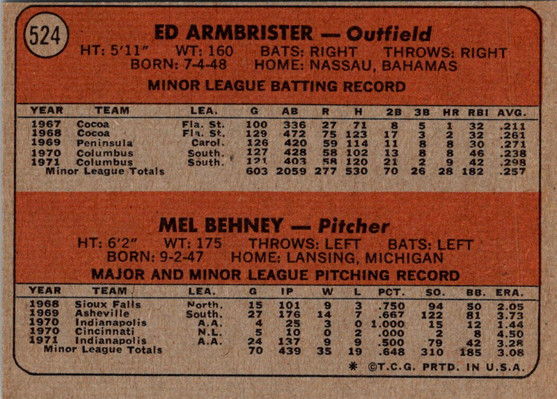 1972 Topps Reds Rookies - Ed Armbrister/Mel Behney