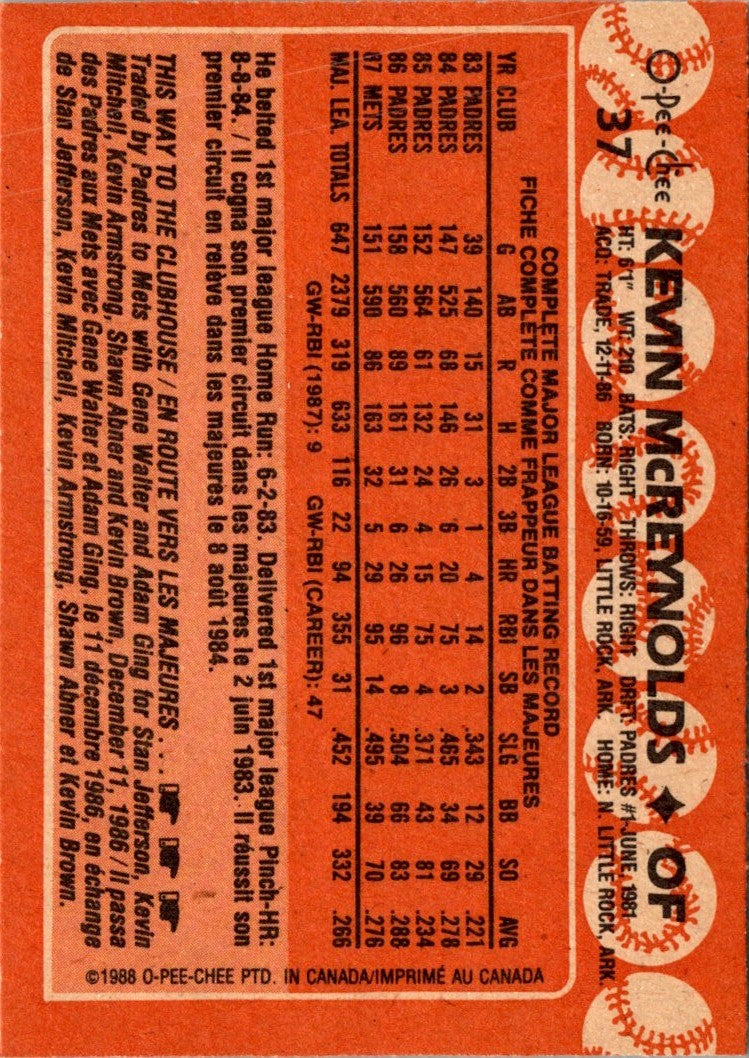 1988 O-Pee-Chee Kevin McReynolds