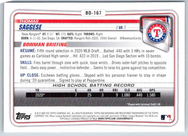 2020 Bowman Thomas Saggese