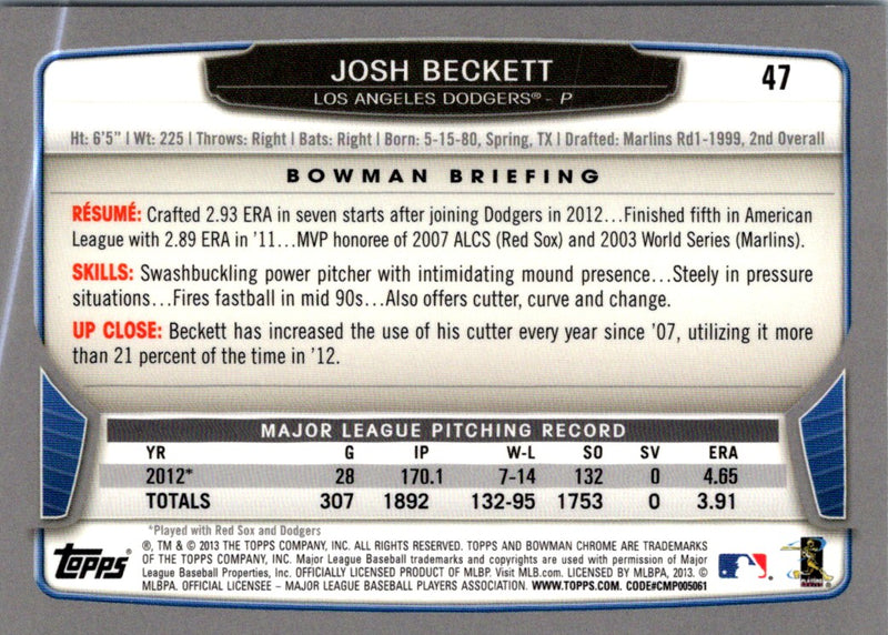 2013 Bowman Chrome Josh Beckett