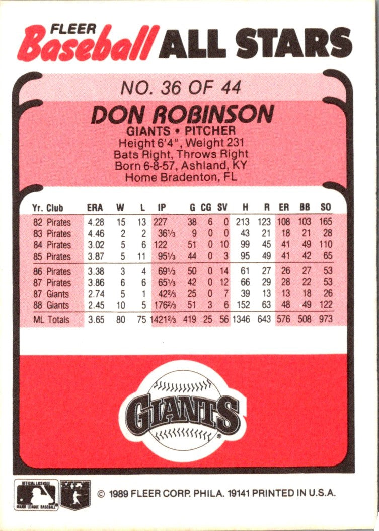 1989 Fleer Baseball All-Stars Don Robinson