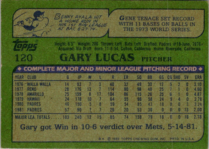 1982 Topps Gary Lucas