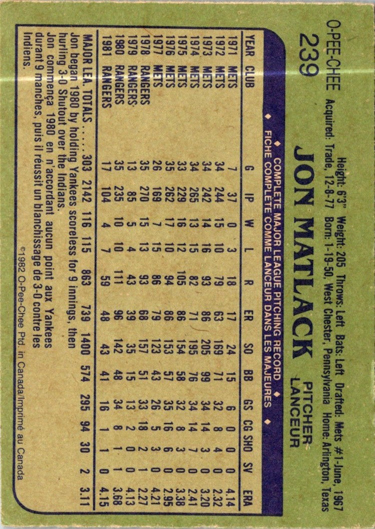 1982 O-Pee-Chee Jon Matlack