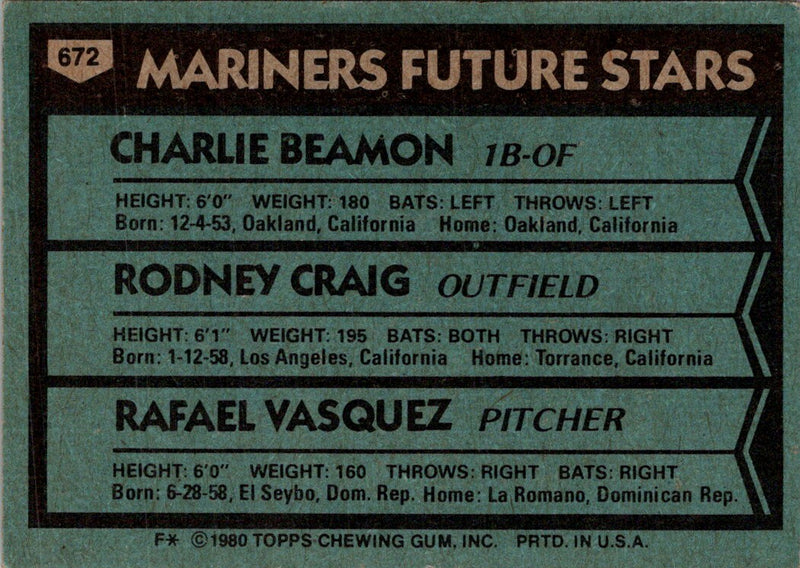 1980 Topps Mariners Future Stars - Charlie Beamon/Rodney Craig/Rafael Vasquez