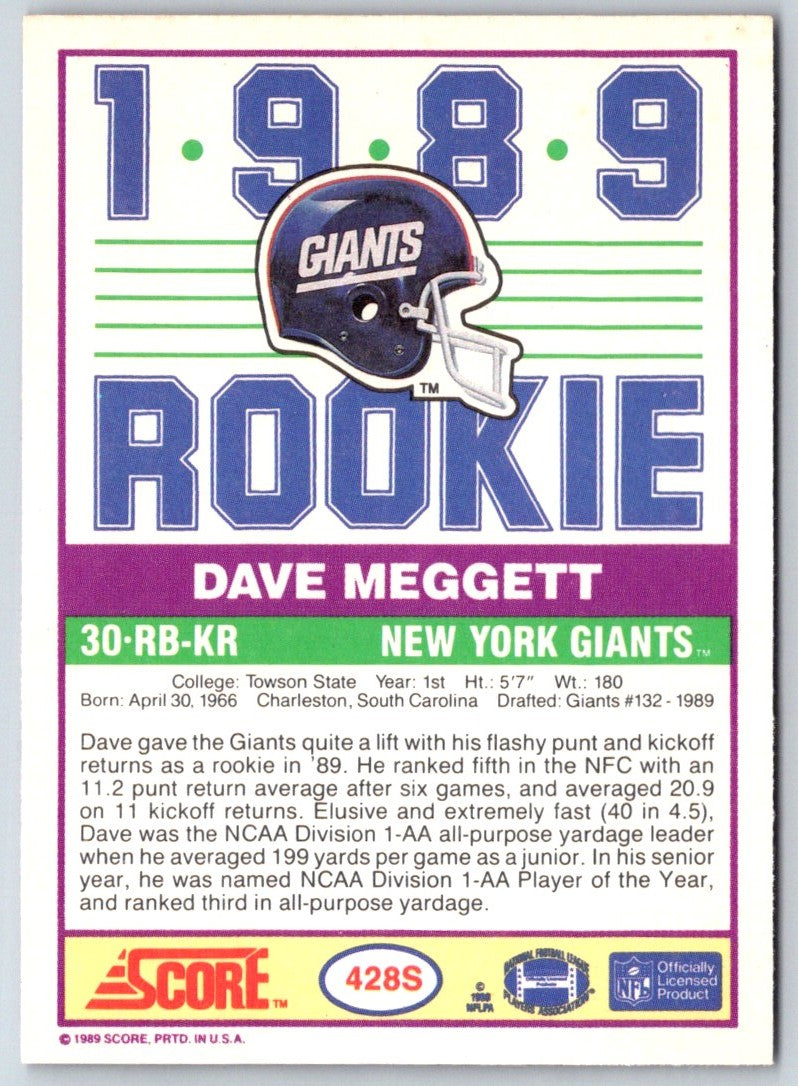 1989 Score Supplemental Dave Meggett