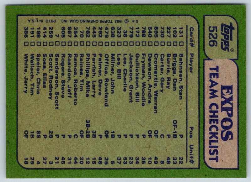 1982 Topps Expos Team Leaders - Warren Cromartie/Bill Gullickson