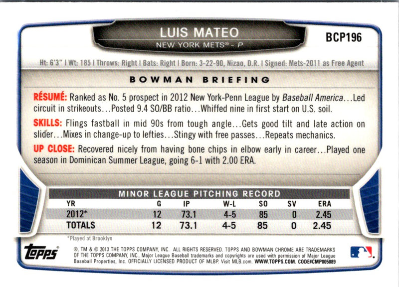 2013 Bowman Chrome Prospects Luis Mateo