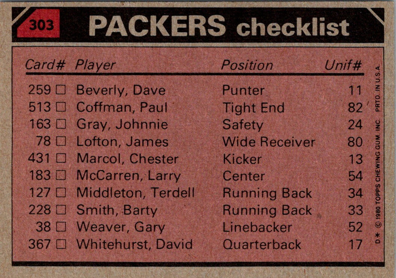 1980 Topps Robert Barber/Johnnie Gray/Ezra Johnson/James Lofton/Terdell Middleton