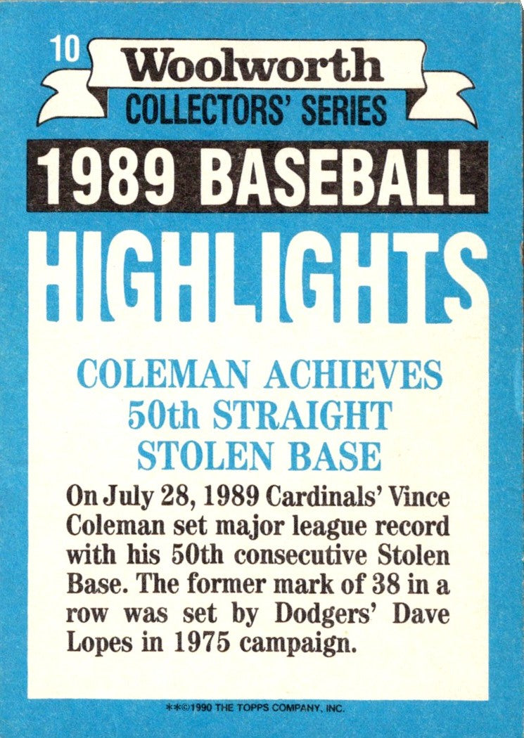 1990 Topps Woolworth Baseball Highlights Vince Coleman