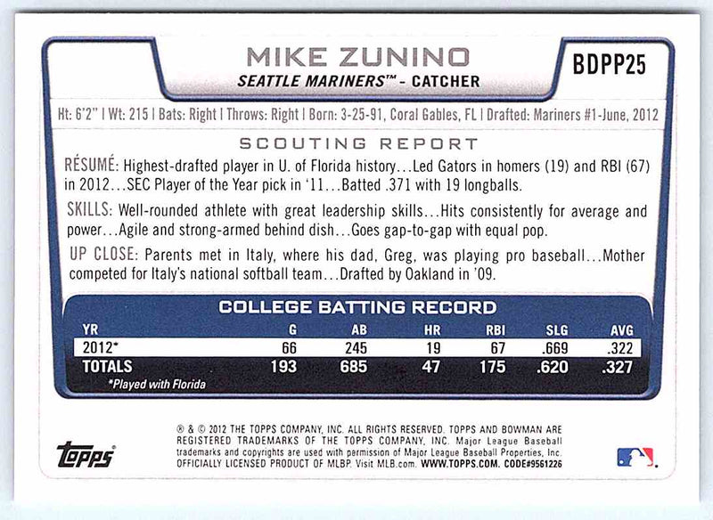 2012 Bowman Mike Zunino