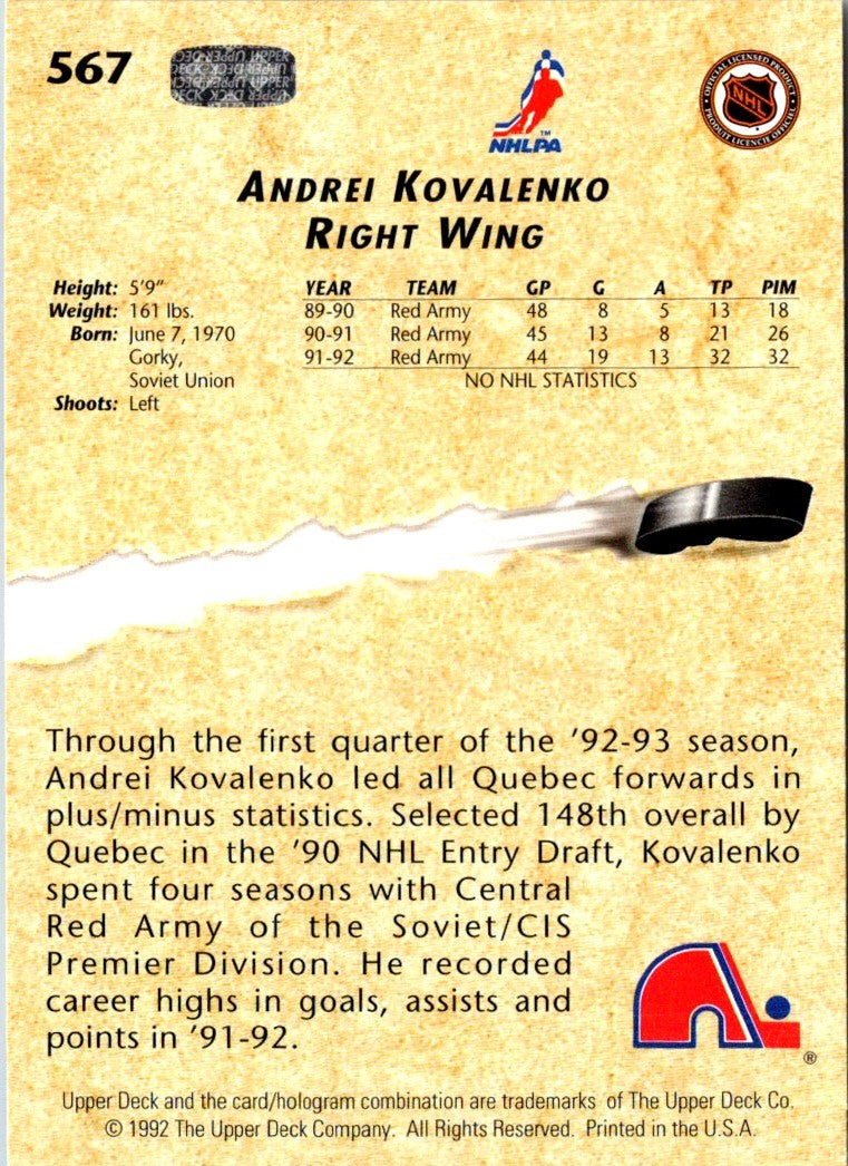 1992 Upper Deck Andrei Kovalenko