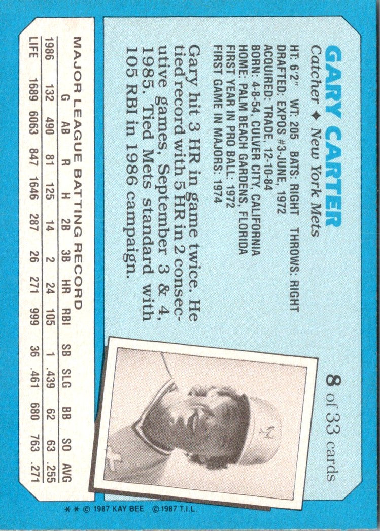 1987 Topps Kay-Bee Superstars of Baseball Gary Carter