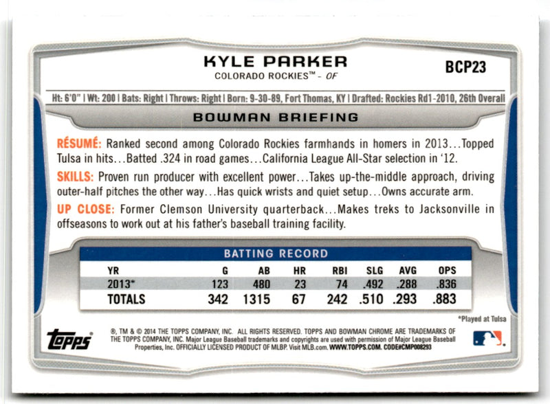 2014 Bowman Chrome Prospects Kyle Parker